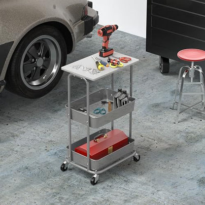 Simple Houseware 2-Tier Rolling Utility Cart with Lockable Wheels and Wood Top, Metal Storage Organizer Trolley for Kitchen, Bathroom, Office, Craft Room, White