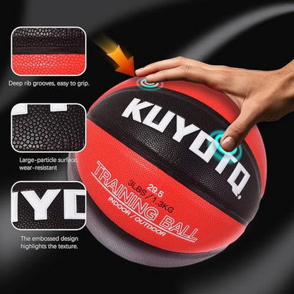 KUYOTQ 3LBS/3.3LBS/2.2LBS Weighted Heavy Training Basketball 29.5/28.5" in and Outdoor Improving Handling Dribbling Passing Rebounding Skill Composite Size 7/6 Weighted Training Basketball Equipment - color: Black+Red, size: Size 7 Adult - 29.5"-3LBS