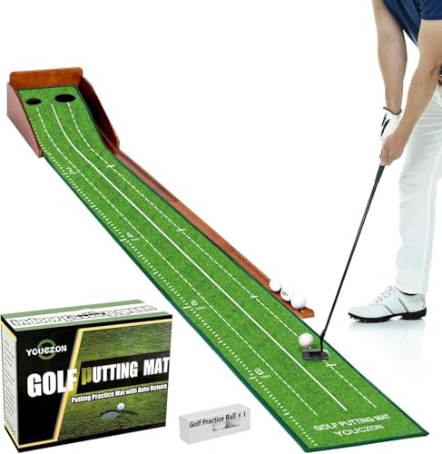 YOUCZON Putting Green Indoor,Golf Putting Mat with Auto Ball Return,Premium Crystal Velvet Surface, Practice Putting mat, Perfect Training Aid & Gift for Golf Lovers Christmas - color: Green two holes