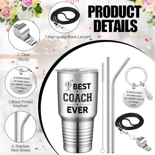 Didaey 2 Set Coach Gifts for Men Women Best Coach Ever Tumbler Cup Graduation Appreciation Gift Stainless Steel Tumbler Thank You Keychain Whistle for Baseball Softball Soccer Volleyball(Silver,30 oz)