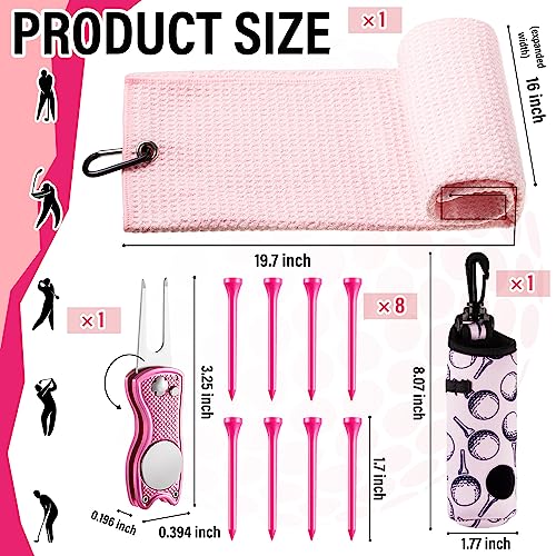14 Pcs Pink Golf Accessories Set for Women, Golf Glove (fits 6.5 to 6.7" Hand, M/L), Microfiber Towel, Ball Bag with Clip, Tees, Magnetic Ball Marker, Divot Tool & Club Cleaning Brush