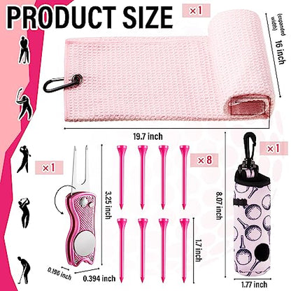 14 Pcs Pink Golf Accessories Set for Women, Golf Glove (fits 6.5 to 6.7" Hand, M/L), Microfiber Towel, Ball Bag with Clip, Tees, Magnetic Ball Marker, Divot Tool & Club Cleaning Brush