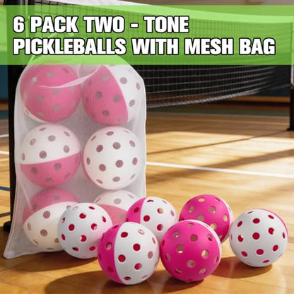 Pickleball Balls, 6 Pack of Indoor & Outdoor Pickle Ball Set, 2 Tone Pickle Balls Set, High Visibility Durable Pickleballs for Training and Tournament - color: Pink and White