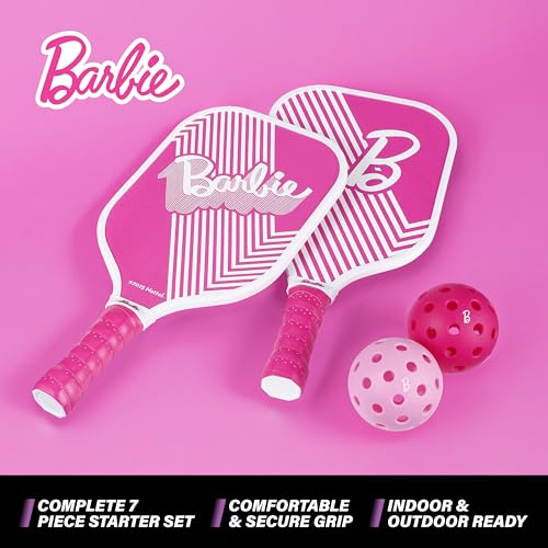 Barbie - Wooden Pickleball Bundle, Includes 2 Wooden Paddles and 4 Pickleballs, Durable Beginner Paddle Set for Indoor and Outdoor Play, Fun Pink Design for Kids and Adults