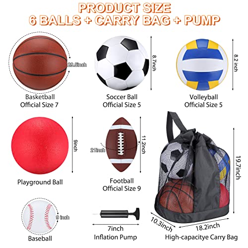 Libima 6 Pcs Multi Sport Ball Set Official Size Football Basketball Soccer Volleyball Playground Ball Baseball with Outdoor Sports Equipment Bag Pump Back to School Sports Gift