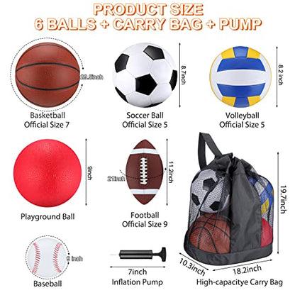 Libima 6 Pcs Multi Sport Ball Set Official Size Football Basketball Soccer Volleyball Playground Ball Baseball with Outdoor Sports Equipment Bag Pump Back to School Sports Gift