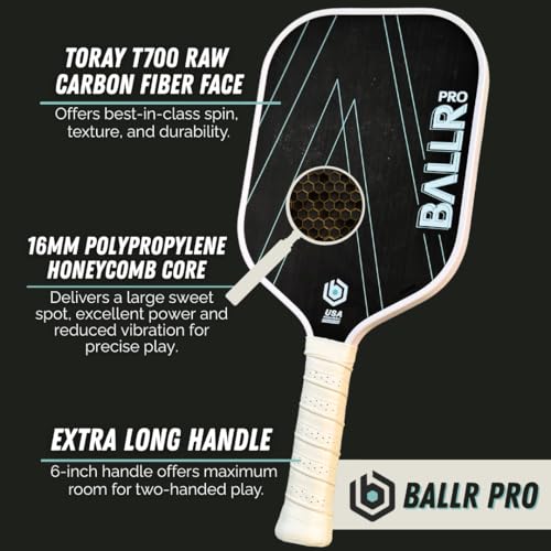 BALLR Pro Pickleball Paddle with T700 Carbon Fiber Surface for Increased Spin and Control - USAPA Approved