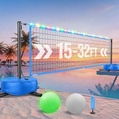 Haokelball LED Pool Volleyball Net Set, 15-32ft Adjustable Volleyball Net for Pool with Heavy Duty Base, Pool Volleyball Set for Inground Pools, Pool Toys & Pool Games for Kids & Adults, 2 Balls