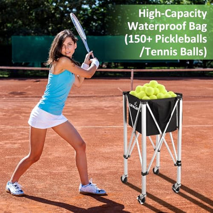 Pickleball Tennis Ball Hopper-Foldable Lightweight Tennis Cart Holds 180 Tennis/160 Pickleballs with Removable Bag,Wheels,Side Pocket for Training/Teaching, for Tennis/Pickleball/Baseball/Softball