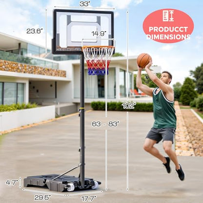 SogesHome Adjustable Height Basketball Hoop Stand 5.1ft-8.5ft, Portable Indoor & Outdoor Basketball Goal System for Teens & Adults with 33 Inch PC Backboard and Wheels in The Backyard, Driveway