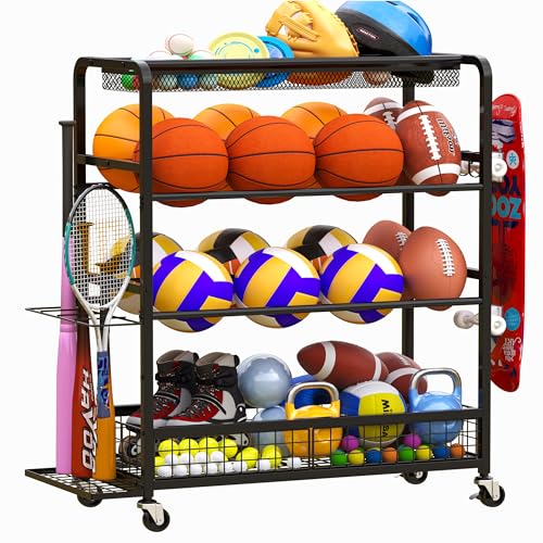 Basketball Hoop,Wheeled Sports Ball Storage Rack,Double-Row Basketball Hoop Holds 16+ Balls,Ball Storage Rack with Baseball Bat Holder and Hooks,Stores Basketballs,Soccer Balls,Footballs,etc.-Black