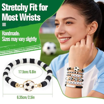 Soccer Gifts for Girls Boys Women - 2026 Soccer Bracelets for Game Day - Handmade Black White Heishi Beaded Stretchy Bracelet Stack Jewelry Team Gift for Players Fans, Sports Party Favors