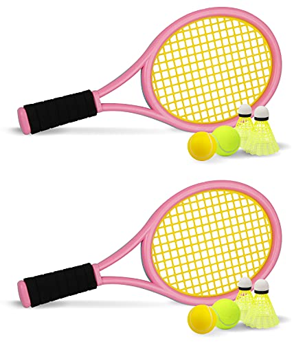 Kids Tennis Racket,17 Inch Plastic Tennis Racket with 2 Soft Balls,2 Tennis Balls and 4 Shuttlecocks for Kid,Toddler Outdoor/Indoor Sport Play