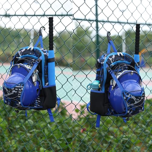 Youth Baseball Bat Bag Backpack, T-Ball & Softball Equipment Gear for Youth with Fence Hook, Lightweight Baseball Bat Backpack, Large Main Compartment for Helmet - color: Blue