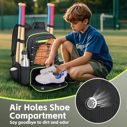 MATEIN Baseball Bat Bag for 4 Bats with Ball Pocket, Lightweight Youth Baseball Backpack with Shoe Compartment, Large Capacity Softball Equipment Bag with Fence Hook for TBall Gear, Helmet, Glove - color: Black