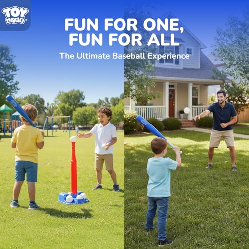 TOY Life Tball Set for Kids 3-5 & 5-8 - Toddler Baseball Tee and Bat Set with Ball Launcher & 6 Balls - Ideal Boy Toy Gift for Outdoor Play and Beginner Training - color: Blue