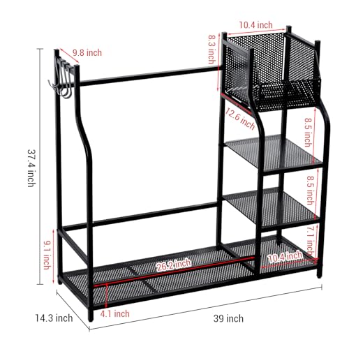MyGift Golf Bag Stand for Garage, Black Metal Extra Large Golf Garage Storage Organizer with 4 Shelf Ball Holder, Shoe Organizer, and 5 Hook Hanger, Golf Accessories Gift for Men
