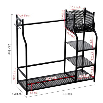MyGift Golf Bag Stand for Garage, Black Metal Extra Large Golf Garage Storage Organizer with 4 Shelf Ball Holder, Shoe Organizer, and 5 Hook Hanger, Golf Accessories Gift for Men