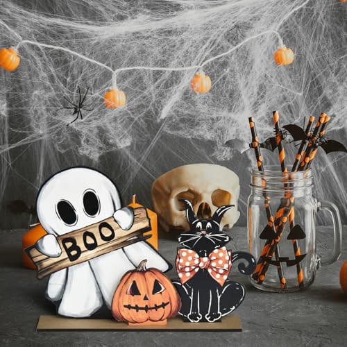 Smile Happy Halloween Wooden Table Decoration, Pumpkin Ghost Boo Black Cat Standing Centerpieces, Indoor Decor for Desk Shelf and Party - style: Halloween
