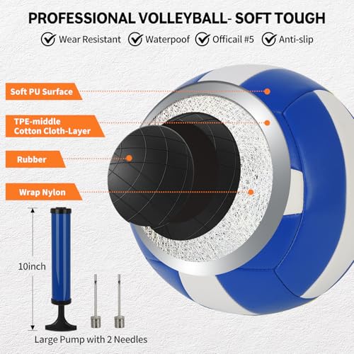 Professional Outdoor Volleyball Net Set for Backyard Beach with 1.7" Aluminum Poles, 45-ply HDPE Net, PU Volleyball and Pump, Boundary Line, Large Carry Bag - Anti-sag & Easy Setup - color: Blue
