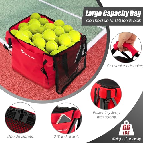 Goplus Foldable Tennis Ball Hopper, Lightweight Aluminum Tennis Ball Basket with Wheels, Removable Bag, Side Pockets, Carry Bag, Portable Sports Teaching Cart Holds 150 Tennis Balls