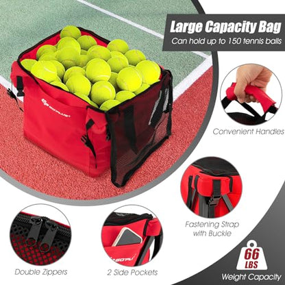 Goplus Foldable Tennis Ball Hopper, Lightweight Aluminum Tennis Ball Basket with Wheels, Removable Bag, Side Pockets, Carry Bag, Portable Sports Teaching Cart Holds 150 Tennis Balls