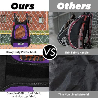 Goloni | Baseball Backpack,Baseball Bag for Adult,Softball Bat Bag with Shoes Compartment,Large Main Compartment for Helmet & accessories, Fence Hook - color: Purple