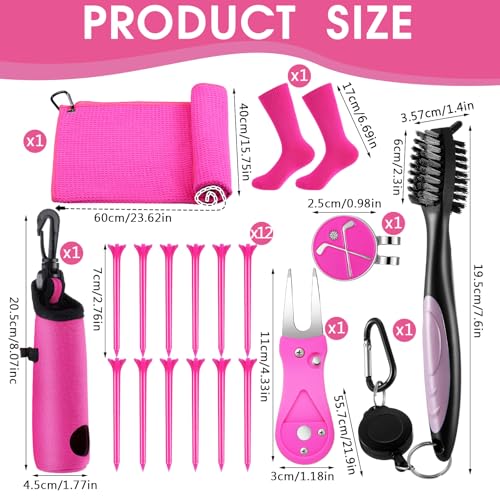 VioraWhite 16 Pcs Pink Golf Accessories Kit for Women Include Golf Towel with Clip, Hat Clip, Balls Holder, Club Cleaner Brush, Divot Repair, 10 Plastic Tees, Pink Socks Gift Set