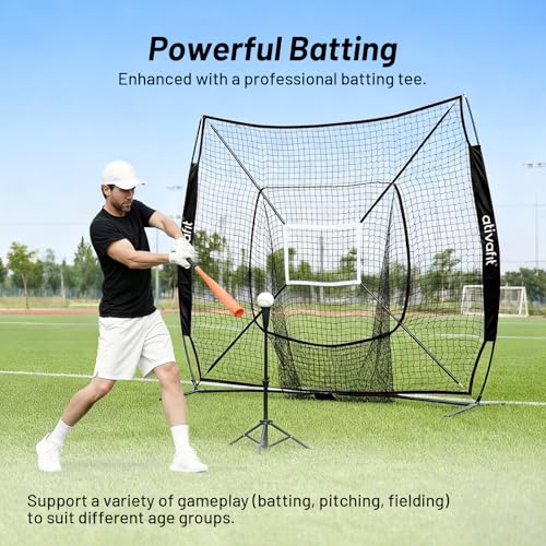 Ativafit 7x7 Baseball Practice Net - Portable Pitching & Batting Training Net with Hung Net*2 - Easy Setup Baseball Net - Includes, Practice Balls*3, Batting Tee*1, Carry Bag*1 - color: BLACK