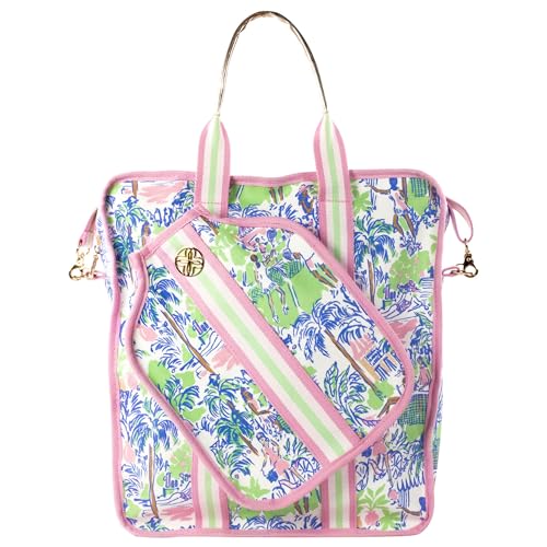 Lilly Pulitzer Pickleball Bag for Women with Storage for 2 Paddles, Zipper Pocket, Waterbottle Sleeve and Gold Details, Serving it Up