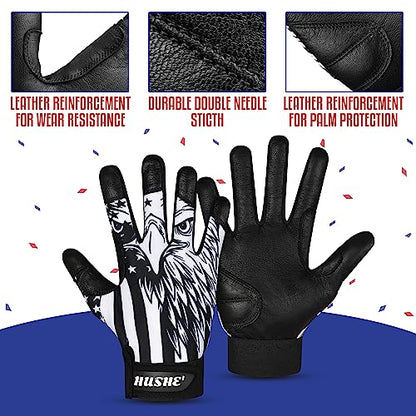 Hushe' American Flag Batting Gloves & Softball Gloves USA Flag Baseball Batting Gloves Youth Kids Baseball Batting Glove for Youth Men Adult & Unisex. - color: Black Eagle, size: Adult Medium