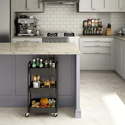 CAXXA 3-Tier Rolling Metal Storage Organizer - Mobile Utility Cart, Kitchen Cart with Caster Wheels (Black) - color: Black