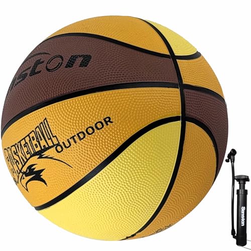 Senston 25.5''/27.5''/29.5'' Outdoor Basketball Ball Excellent Elasticity/Grip Rubber Basketballs with Pump, Durable Size 3/5/7 Outdoor/Indoor Basketball - color: Brown/Yellow, size: 27.5''/Size 5