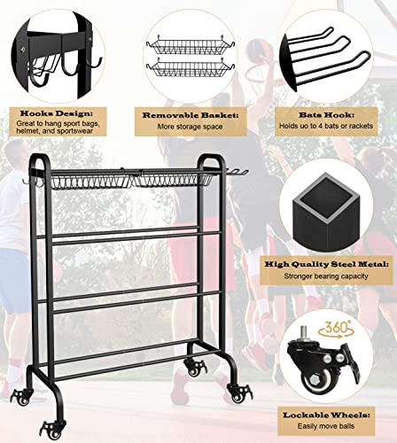 Basketball Racks Holder for Balls with Wheels, Rolling Metal Sports Equipment Storage Stand Organizer with Baskets and Hooks for Basketballs Footballs Volleyball, Black