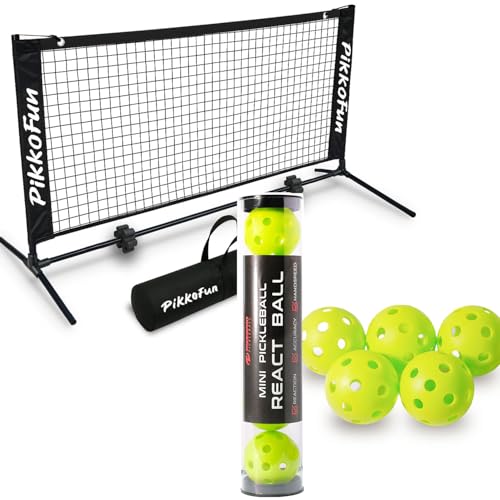 PIKKOFUN React Mini Pickleball Ball -5 Pack Quiet Training Balls & PIKKOFUN Small Mini Pickleball Net 5 ft Bundle