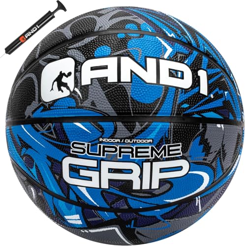AND1 Supreme Grip Official Regulation Size 7 (29.5 inches) Rubber Basketball - Deep Channel Construction Streetball, Made for Indoor Outdoor Games - color: Blue/Black