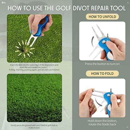 Skylety 4 Pcs Golf Divot Repair Tool Metal Foldable Golf Divot Tool with Magnetic Pop-up Button Ball Marker Stainless Steel Switchblade for Golfers Prizes - color: Blue