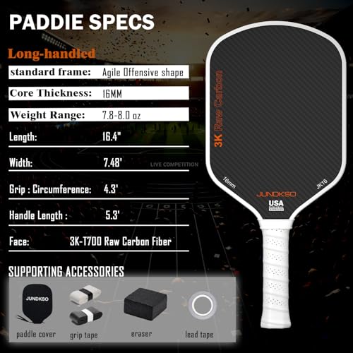 Professional Pickleball Paddles- T700 Carbon Fiber Pickle Racket- 3K Raw Carbon Frosted Surface for Enhanced Spin and Friction - USAPA Approved Offensive Long Paddle for Intermediate Advanced Players - color: white