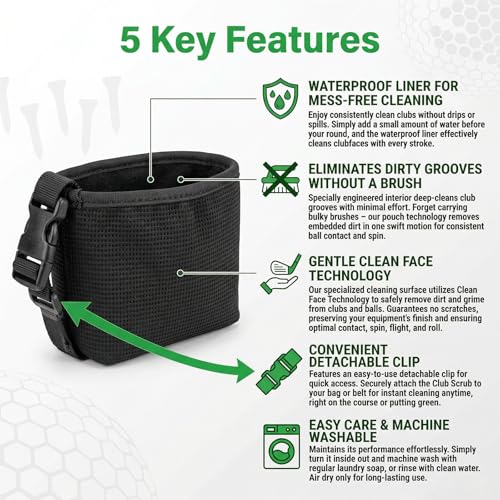 1 Pack Black Golf Club & Ball Cleaning Bag - Golf Bag Accessories, Waterproof Liner Detachable Clip Machine Washable for Course Practice Golfer Gifts for Men