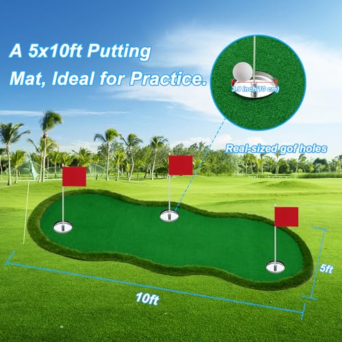 Nice C Putting Green Indoor, Putting Green, Golf Simulators for Home, Golf Putting Mat, Putting Mat Putting Green Outdoor, Challenge Putting Cup, 3 Holes, Flags, and Slope - style: Shaped 5 x 10 Ft Green