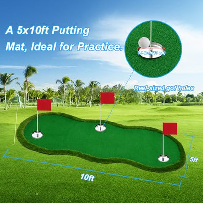 Nice C Putting Green Indoor, Putting Green, Golf Simulators for Home, Golf Putting Mat, Putting Mat Putting Green Outdoor, Challenge Putting Cup, 3 Holes, Flags, and Slope - style: Shaped 5 x 10 Ft Green