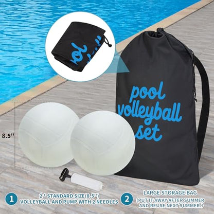 Pool Volleyball Net Set for Inground/Above Ground Pools with Sand-Filled Weighted Base, 15-27ft Adjustable Anti-Sagging Net, 2 Volleyballs & Pump, Carry Bag