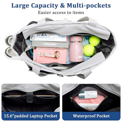 Tennis Gym Bag for Women, Tennis Tote Bag with Shoe Compartment & Wet Pocket, Tennis Racket Bag Holds 2-4 Rackets, Weekend Bag with Laptop Compartment for Men & Women - color: Grey