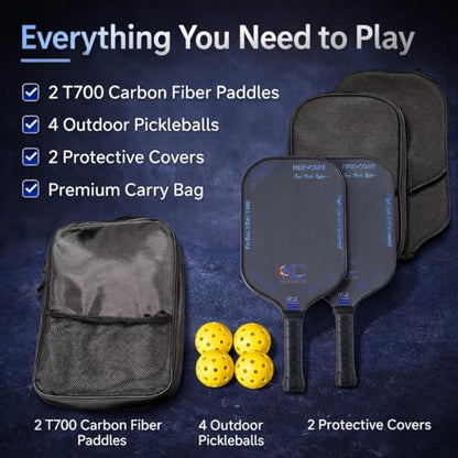 Pickleball Paddle Set – T700 Friction Carbon Fiber Paddles with Covers, 2 Thermoforming 4-Layer Rackets, 4 Outdoor Pickleballs & Carry Bag | USAPA Approved Lightweight & 16MM Polymer Honeycomb Core