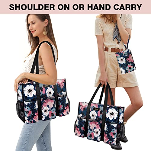 IBFUN Utility Tote Bag with 24 Pockets, Large Teacher Tote for Women with Laptop Compartment, Travel Tote Bag with Zip Top - color: A4-m-flowers, size: Medium