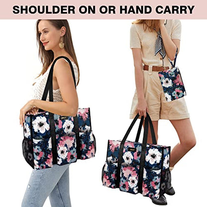 IBFUN Utility Tote Bag with 24 Pockets, Large Teacher Tote for Women with Laptop Compartment, Travel Tote Bag with Zip Top - color: A4-m-flowers, size: Medium