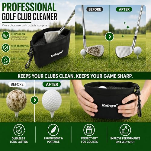 Kairsya Golf Club & Ball Cleaner Bag, 100% Leak-Proof Portable Golf Washer Pouch, Detachable Clip, Scratch-Free Microfiber Brush, Club Cleaning Kit & Groove Cleaner, Golf Gifts & Gear for Men Women