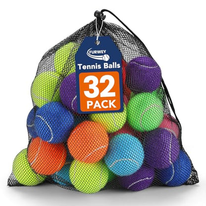 FURWEY Tennis Balls for Dogs 32 Pack,2.5 inches,Durable and Non-Toxic Dog Toys Balls with Mesh Bag,Colorful Fetch Toys Balls for pet Dog (Non Squeaky)