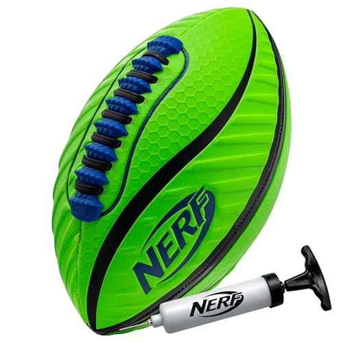 Nerf Spiral Grip Footballs - Patented Spacelace for Ultimate Spirals - Machine Stitched Construction - Pump Included - Junior or Mini - Blue/Orange or Green/Black - color: Green/Black, size: Junior 10.5"