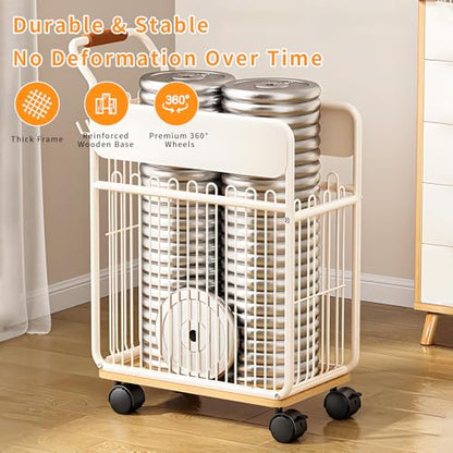 Yoga Mat Storage Rack with Wheels, Home Gym Organizer for Yoga Mats Foam Rollers Dumbbells Towels, Metal Rolling Workout Equipment Storage Rack with Handles and Basket (White, 20×11×24 in)